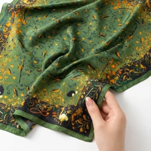 Women's Olive Botanical Bird Print Square Scarf